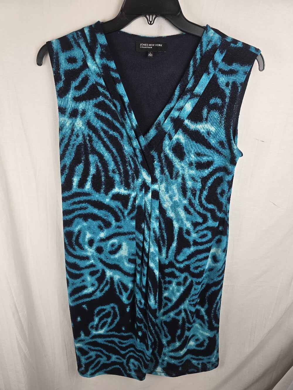 Jones New York Collection Teal & Black Faux-Wrap Sleeveless V-Neck Dress Sz L